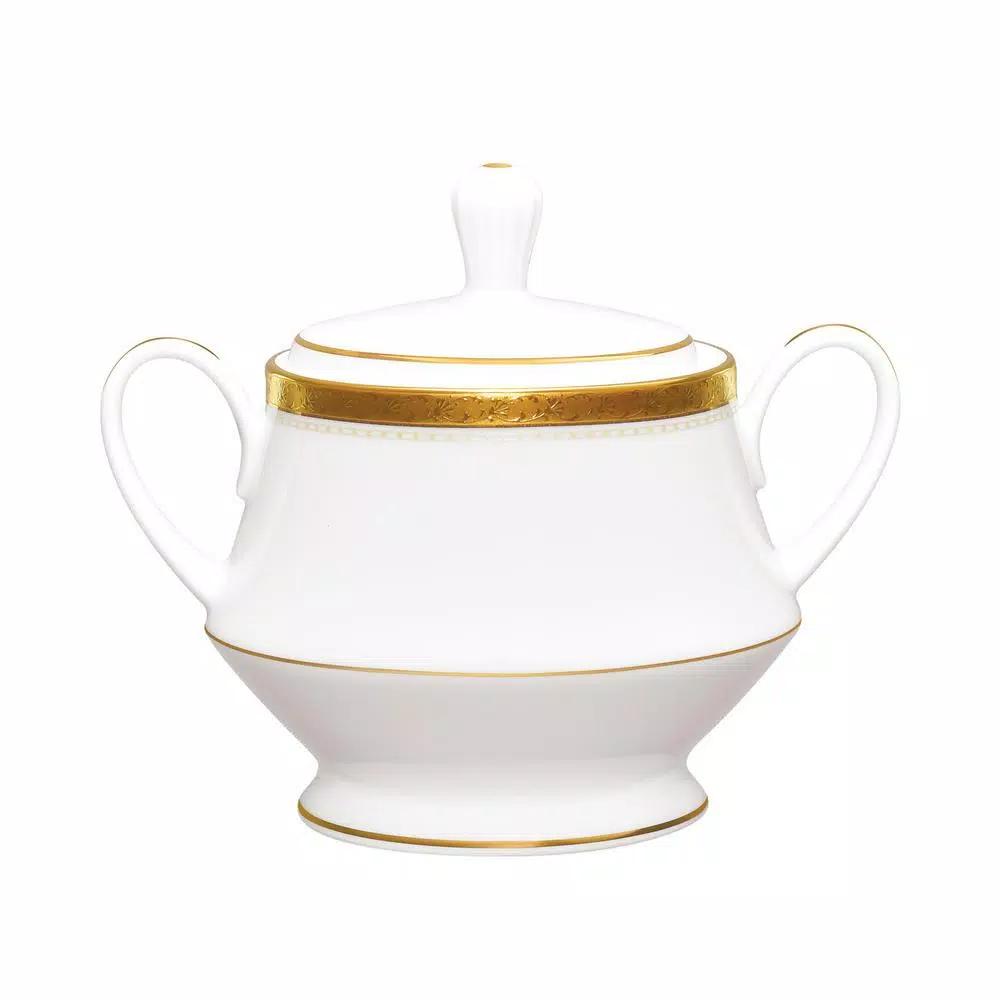 Noritake Charlotta Gold 10 oz. White Porcelain Sugar Bowl with Cover