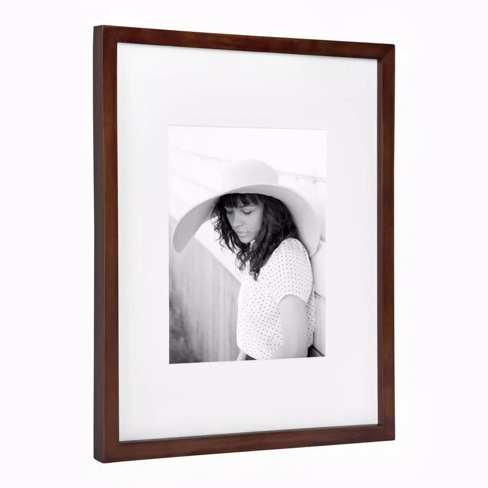DesignOvation Gallery 13 x 16 in. Walnut Brown Wood Picture Frame with White Mat for 8 x 10 in. Photos