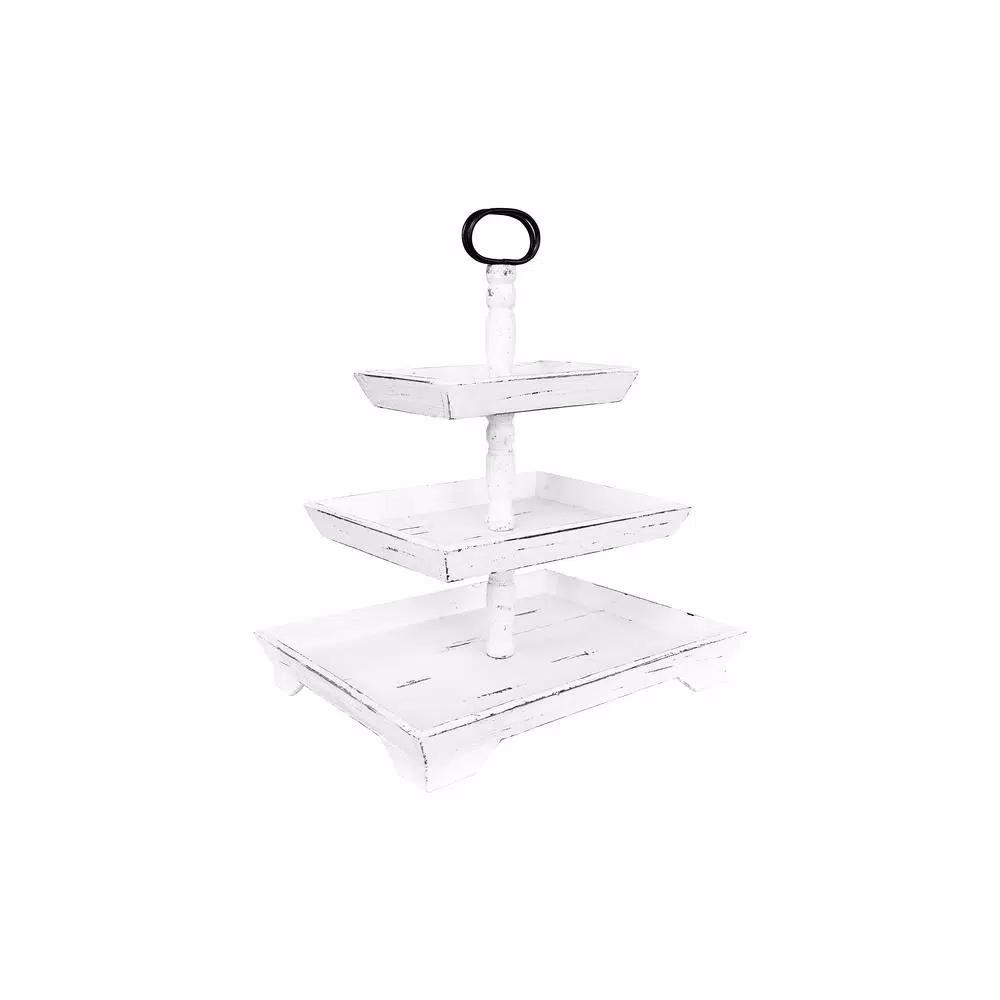 3R Studios White Decorative 3-Tier Tray - Rustic Distressed Wood and Metal Design