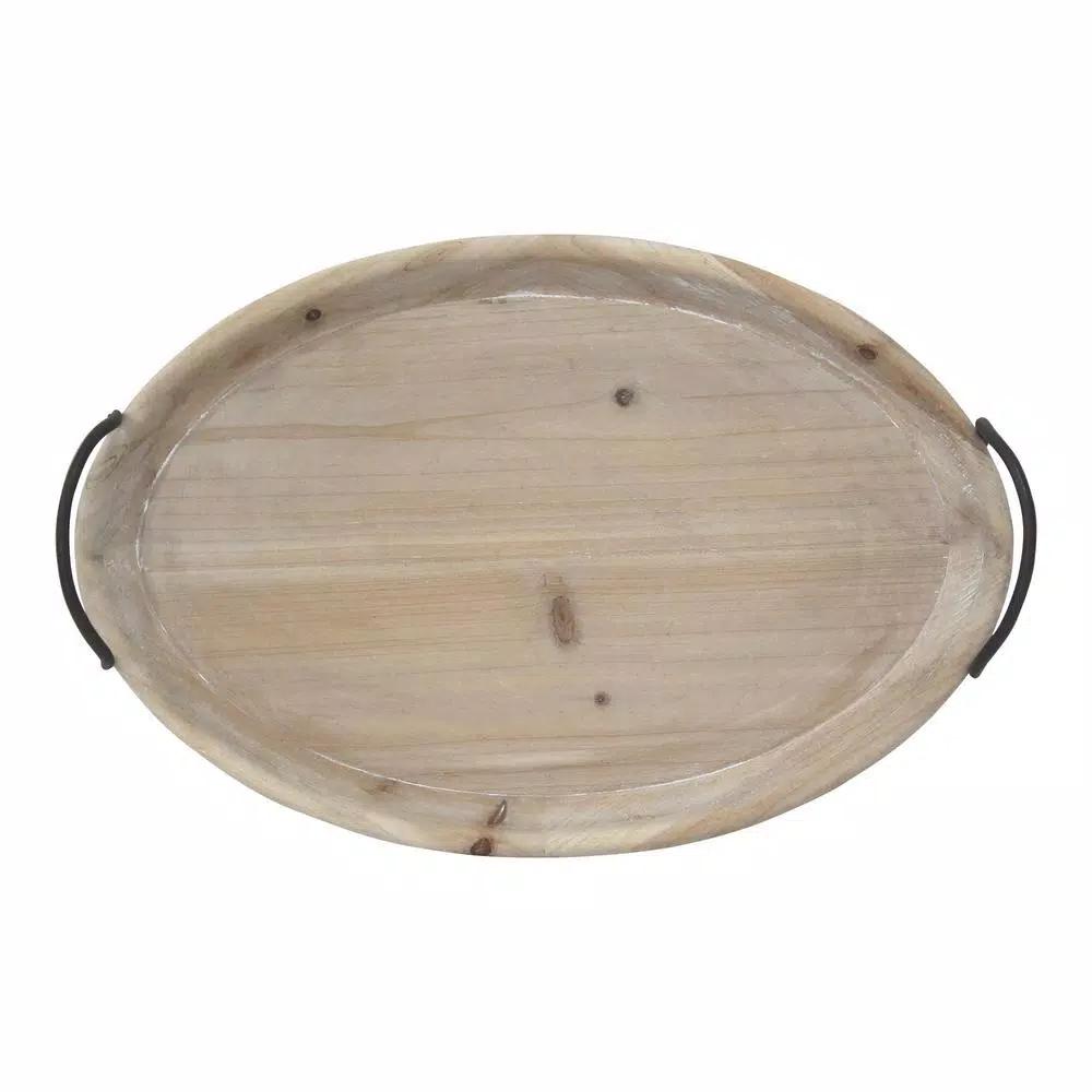 Stratton Home Decor Natural Wood Oval Tray with Black Metal Handles