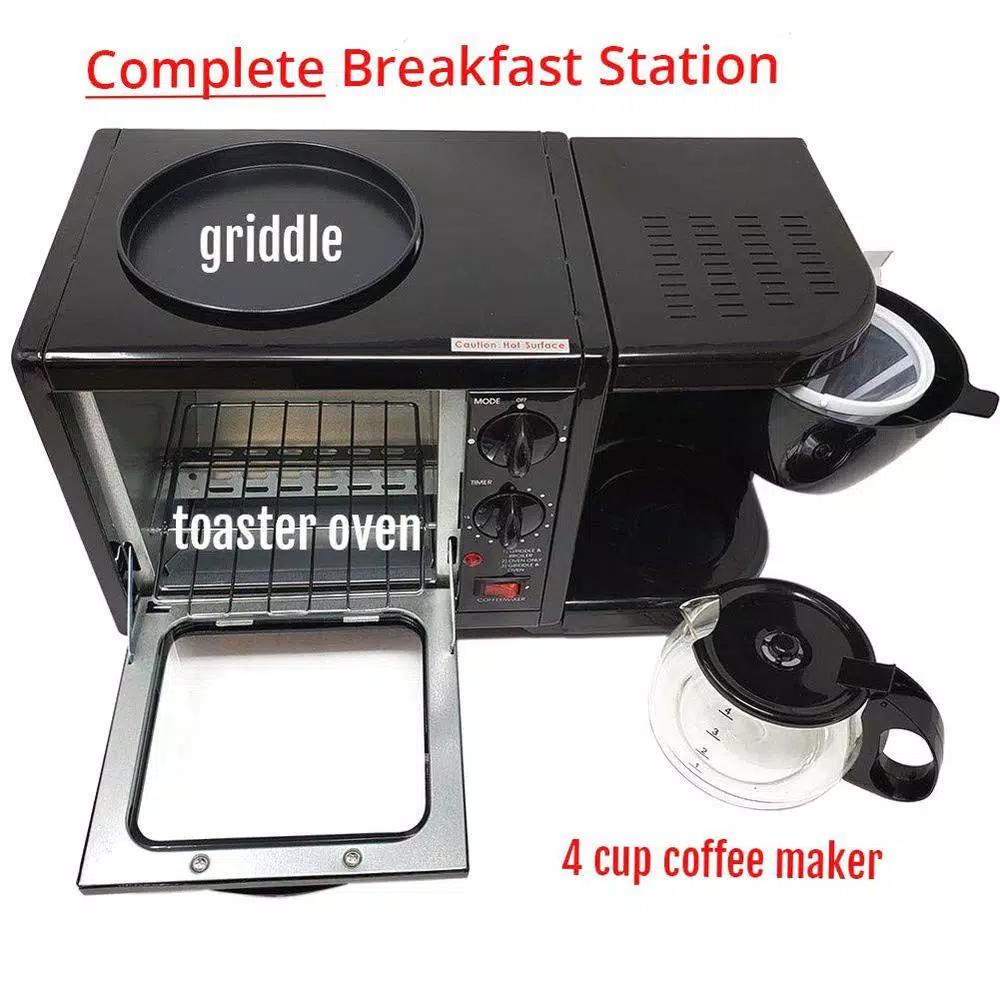 LavoHome 3-in-1 Black Stainless Steel Breakfast Maker Station: Toaster Oven, 4-Cup Coffee Maker & 6" Non-Stick Griddle