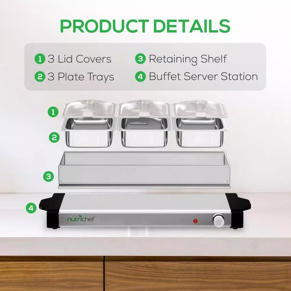 NutriChef 21.9 in. Stainless Steel 3-Plate Electric Buffet Server Food Warming Tray