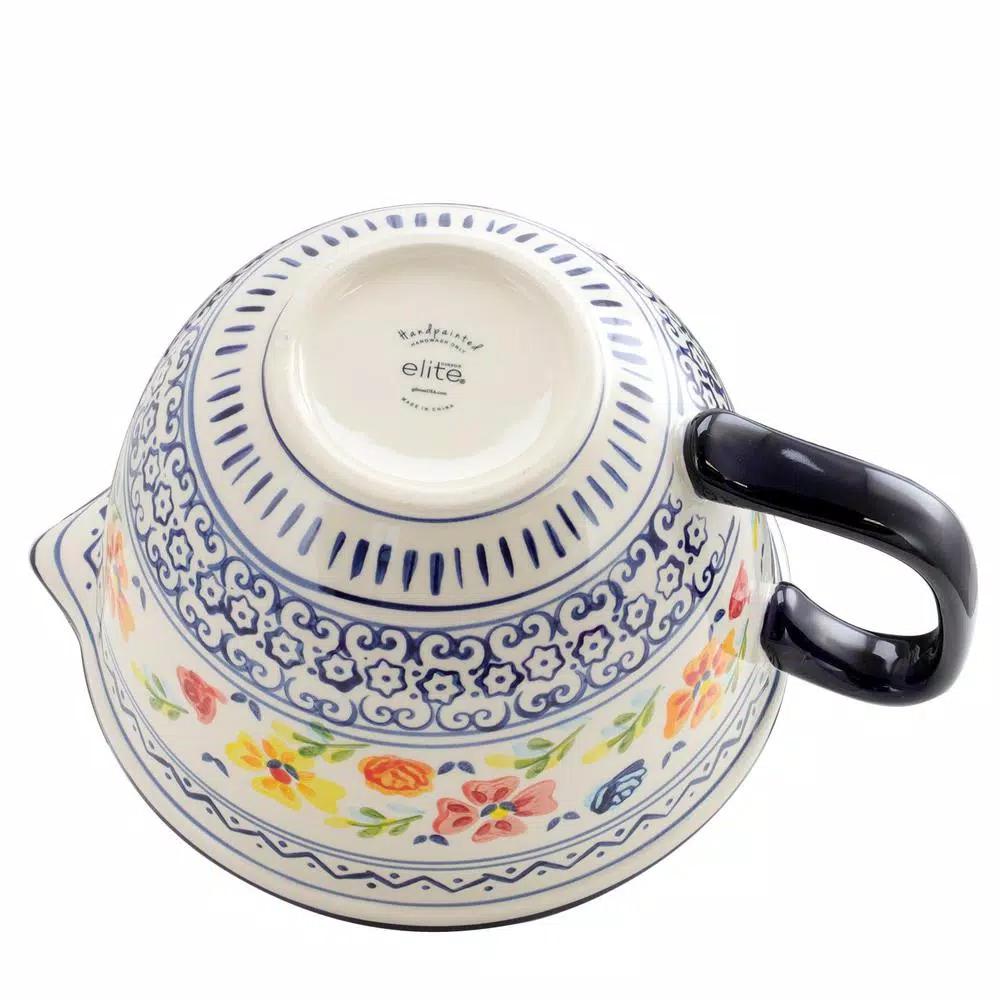 GIBSON elite Luxembourg Hand Painted Stoneware Mixing Bowl with Spout and Handle, 2 Qt.