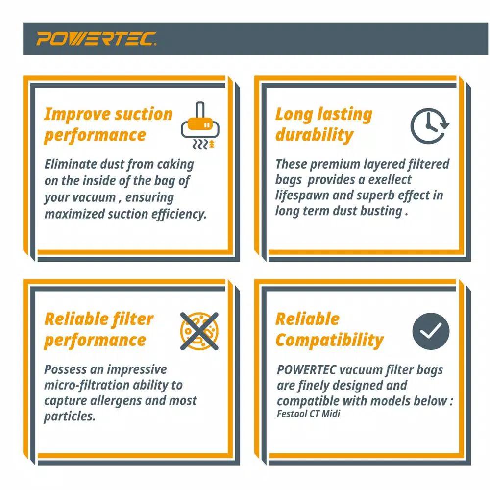 POWERTEC Self-Cleaning Replacement Filter Bags for Festool CT Midi (498411) - 5-Pack