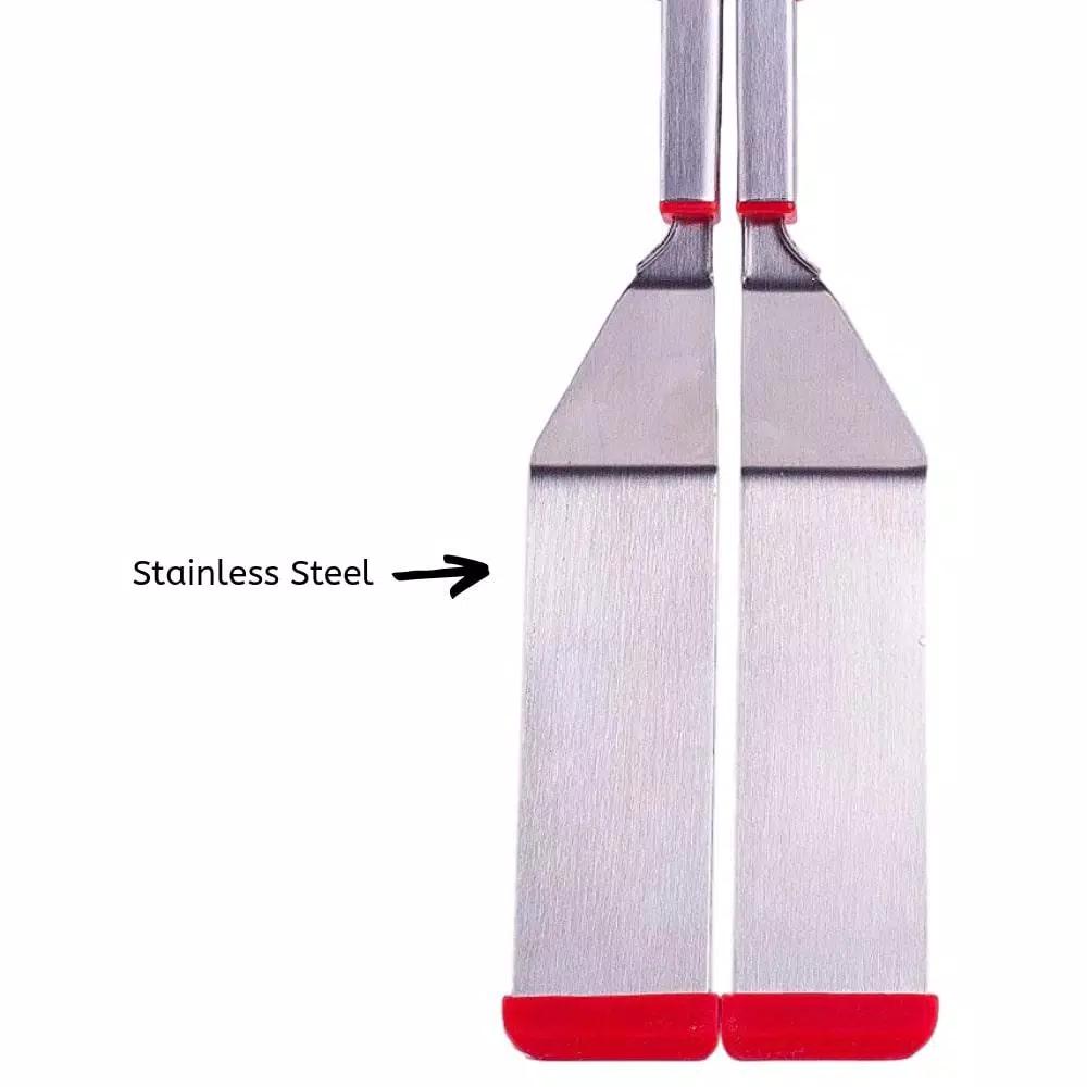 Chefright QuickScoop Brushed Stainless Steel Spatula Tongs with Silicone Edge, Red (Set of 2)
