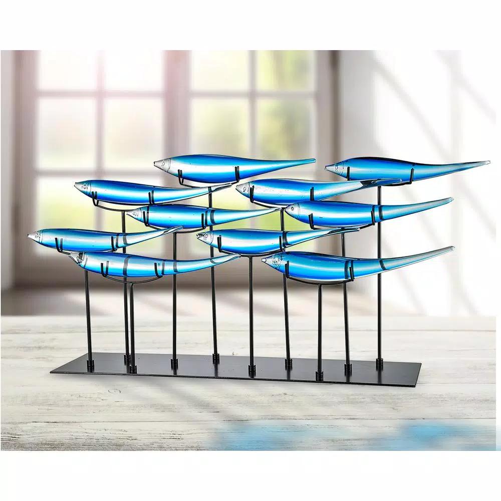 Dale Tiffany 19 in. Handcrafted Art Glass Fish Sculpture - 10 Piece Blue Tropical Fish Decor