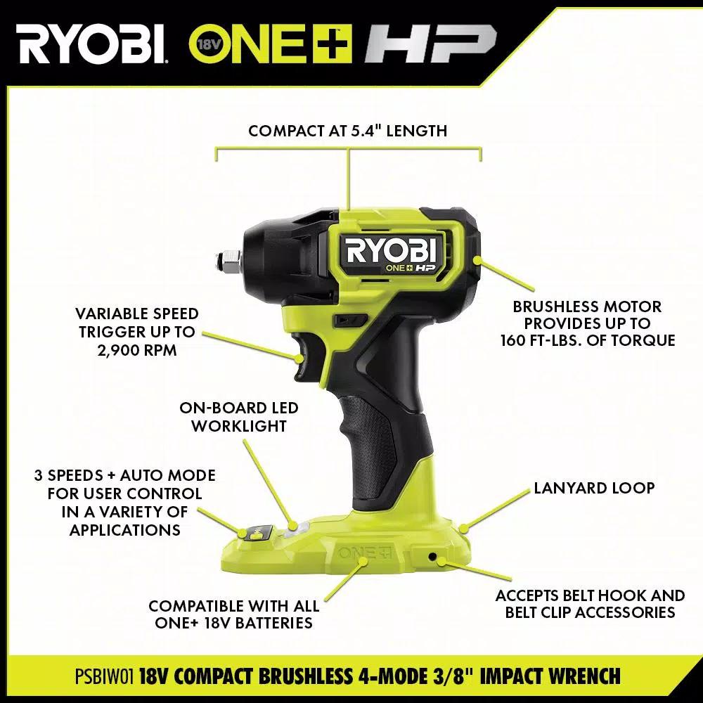 RYOBI ONE+ HP 18V Brushless Cordless Compact 3-Tool Combo Kit (Drill/Driver, Impact Driver, Impact Wrench)