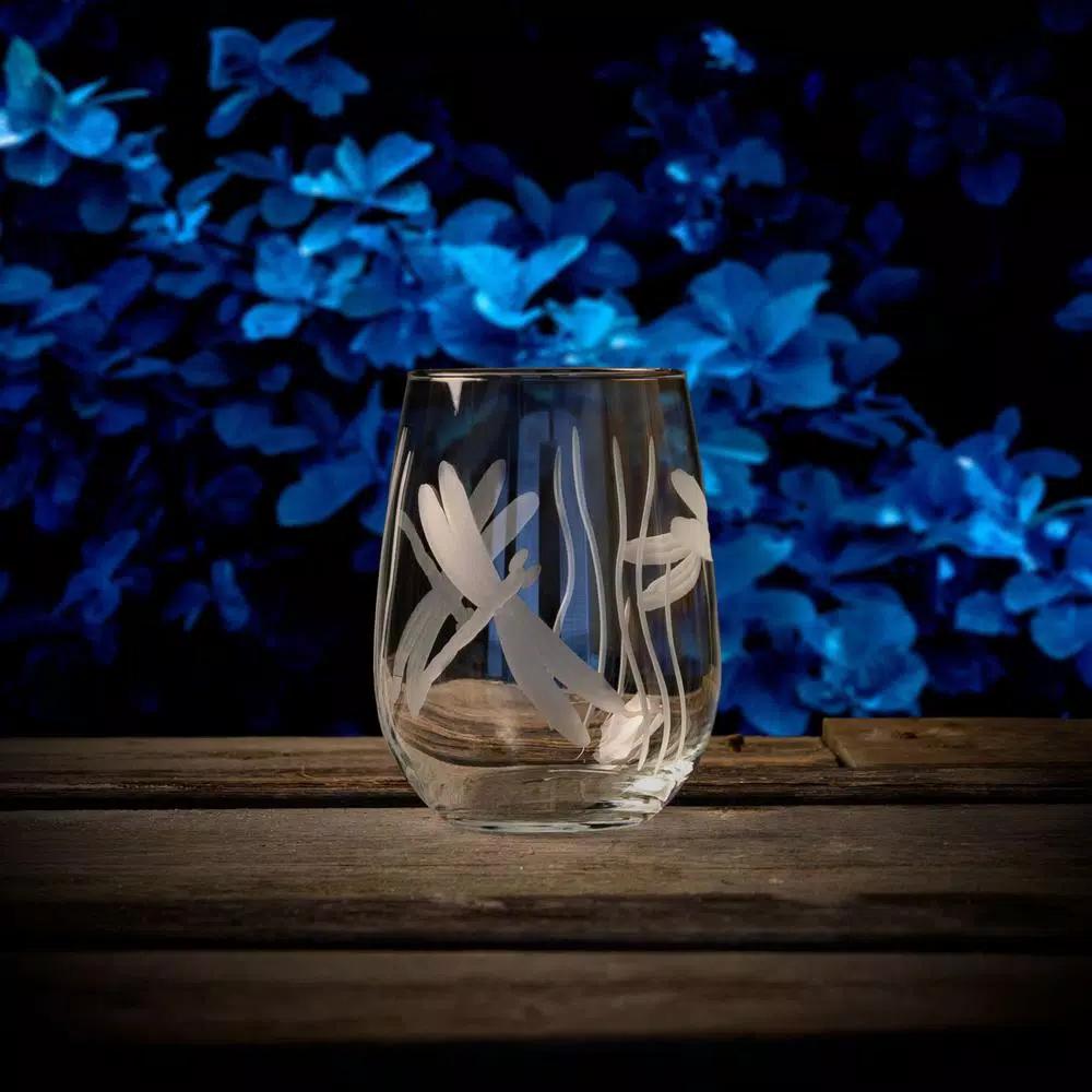 Rolf Glass Dragonfly 17 oz. Etched Stemless Wine Glass Set of 4, Clear Glassware