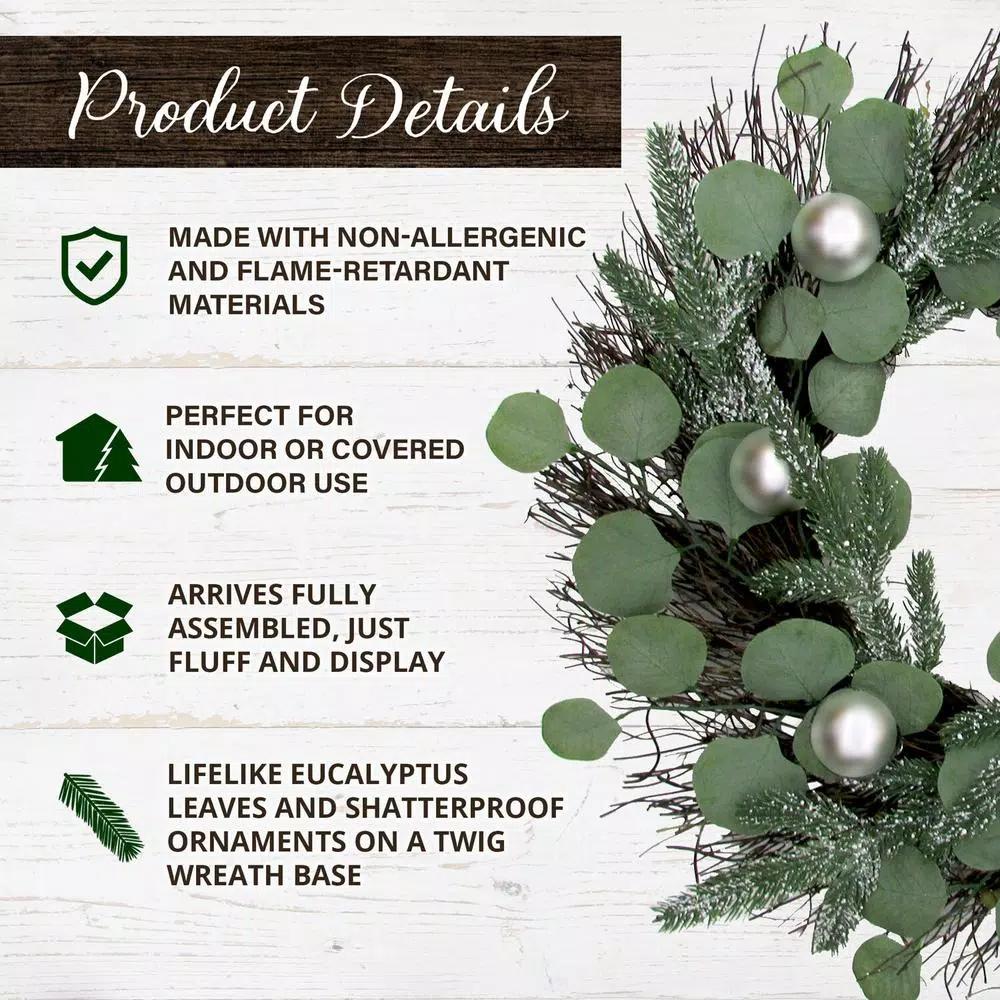 Fraser Hill Farm 24 in. Artificial Christmas Wreath with Ornaments and Frosted Pine Branches