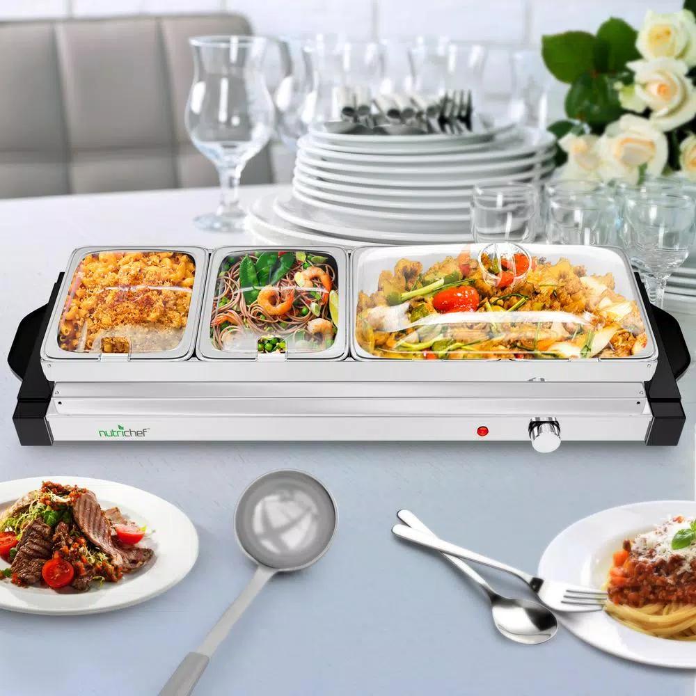 NutriChef 27.6 in. 3-Burner Stainless Steel Electric Buffet Server Food Warming Tray
