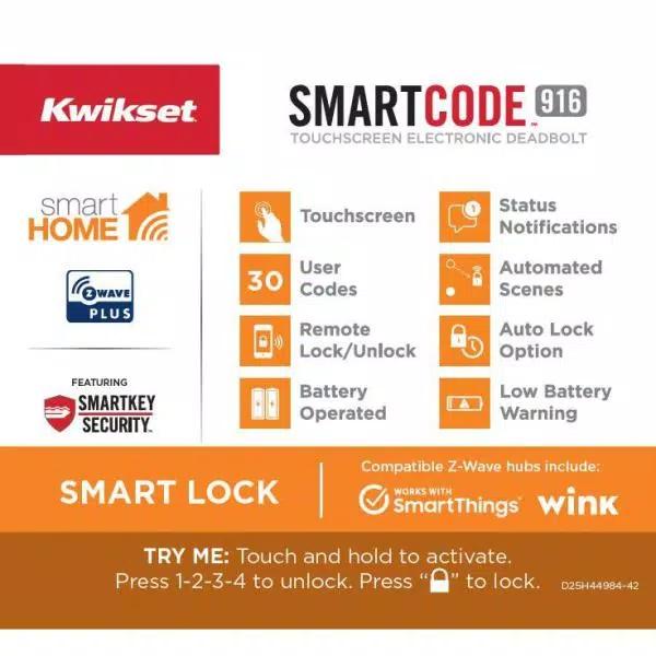 Kwikset SmartCode 916 Z-Wave Smart Deadbolt with SmartKey Security, Venetian Bronze