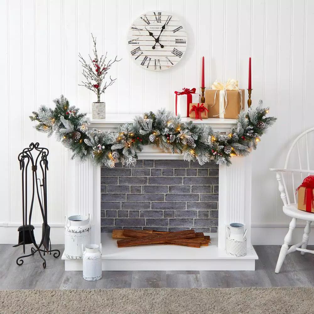 Nearly Natural 6 ft. Pre-lit Flocked Mixed Pine Artificial Christmas Garland with 50 LED Lights