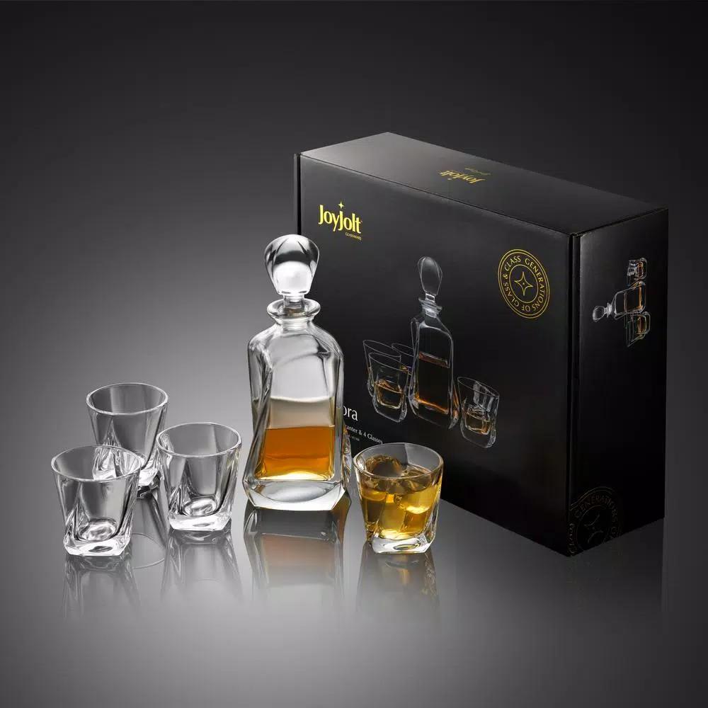 JoyJolt Aurora Crystal Whiskey Decanter Set with 4 Old Fashioned Glasses