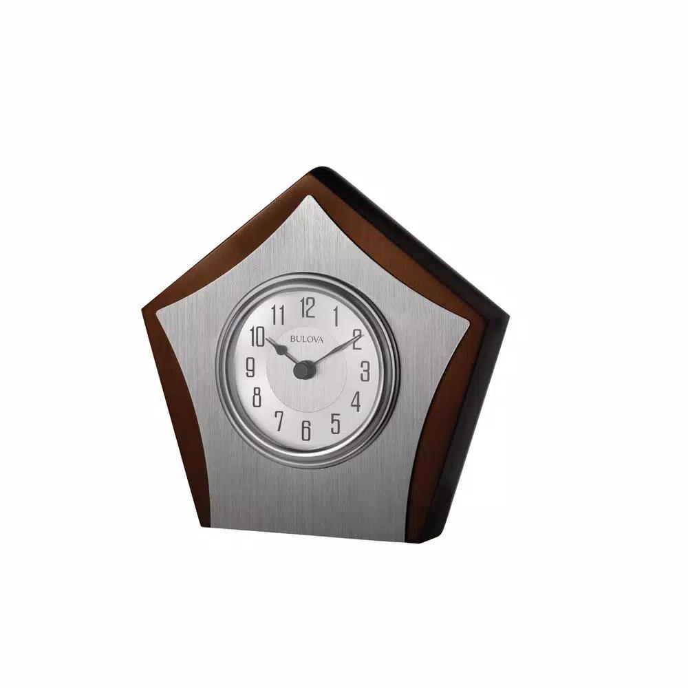 Bulova Orion Gloss Brown Cherry Solid Hardwood Table Clock with Silver Waterfall Bezel