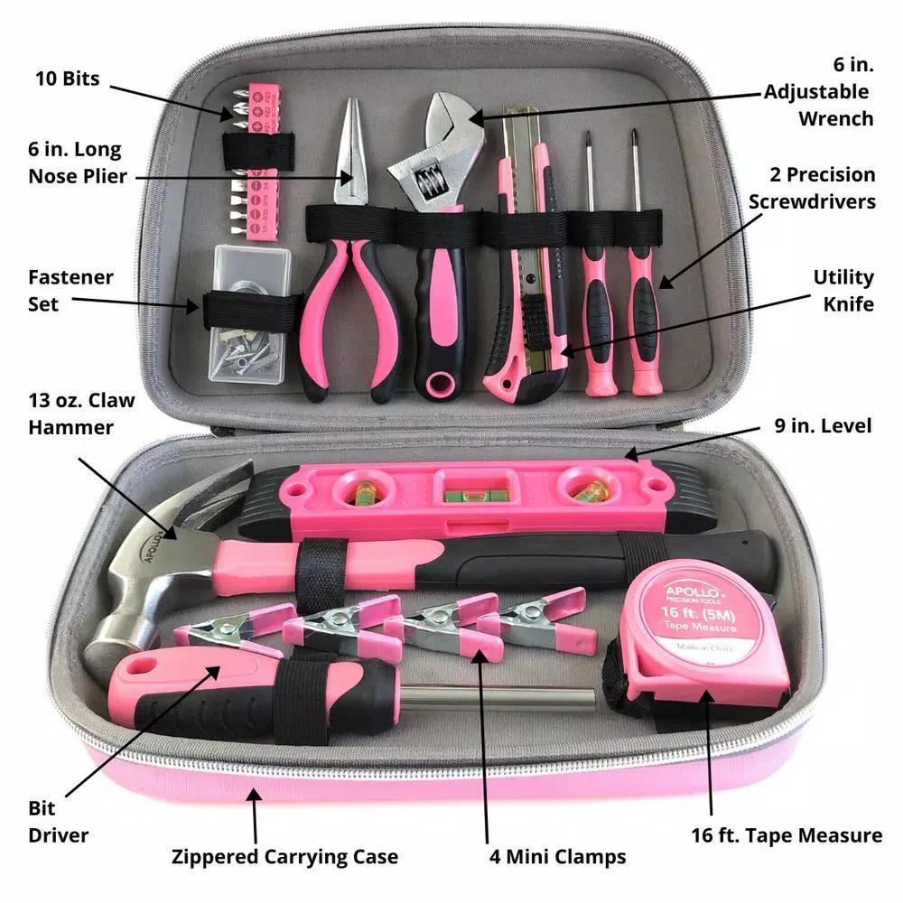Apollo Tools 63-Piece Household Tool Kit in Stylish Pink Designer Case
