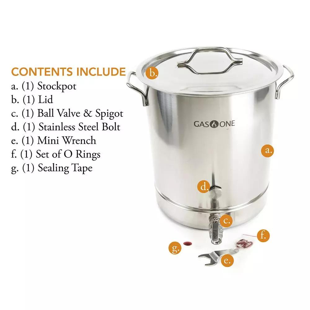 Gas One 40 Qt. Stainless Steel Brew Kettle Set with Tri-Ply Aluminum Bottom, Spigot, and Thermometer