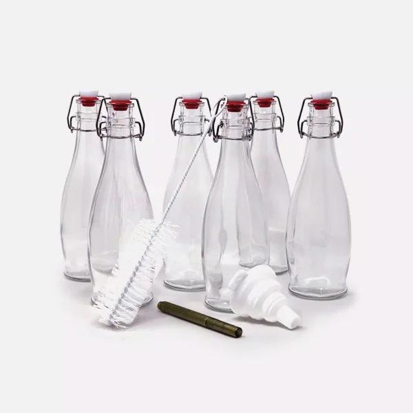 Mockins 17 oz. Glass Bottles with Swing Top Stoppers - Set of 6 with Funnel, Brush, and Gold Marker