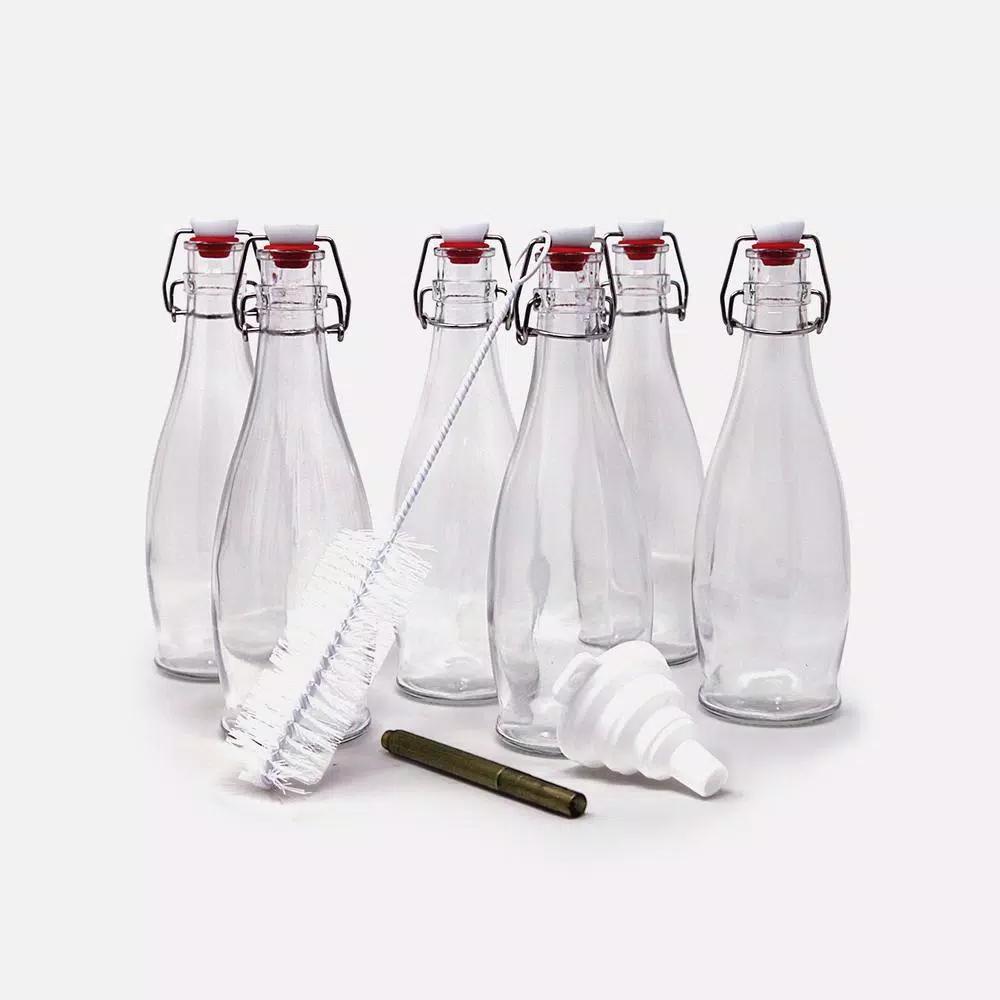 Mockins 17 oz. Glass Bottles with Swing Top Stoppers - Set of 6 with Funnel, Brush, and Gold Marker
