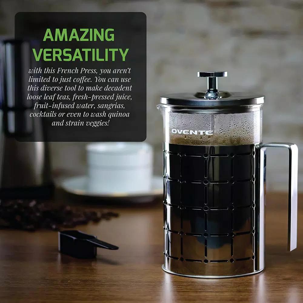 Ovente 3-Cup Silver Borosilicate Glass French Press Coffee and Tea Maker with Stainless Steel Shell