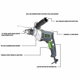 Genesis GHD1275 1/2 in. Variable Speed Reversible Hammer Drill, 7.5 Amp thumbnail 2