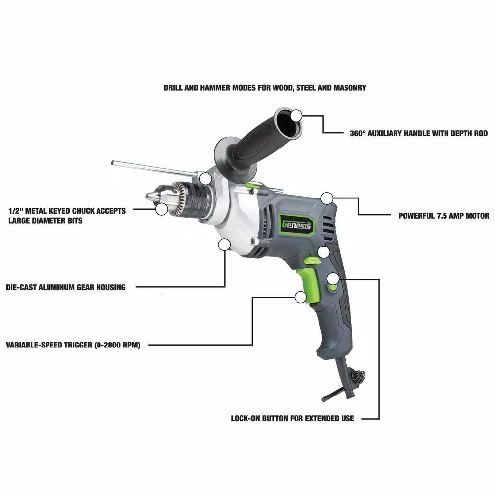 Genesis GHD1275 1/2 in. Variable Speed Reversible Hammer Drill, 7.5 Amp