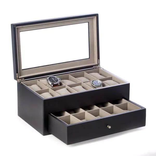 Bey-Berk Harvey 20-Watch Box, Matte Black Wood with Glass Top and Drawer