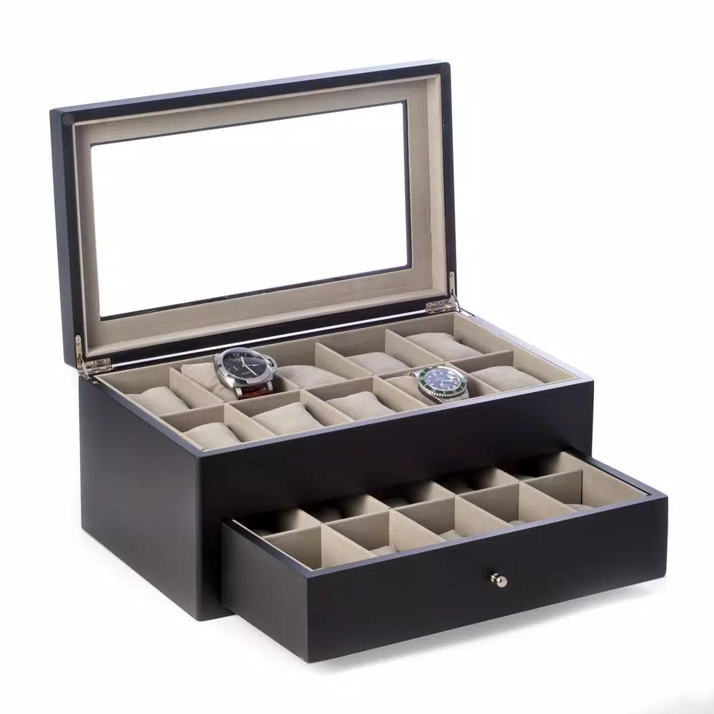Bey-Berk Harvey 20-Watch Box, Matte Black Wood with Glass Top and Drawer