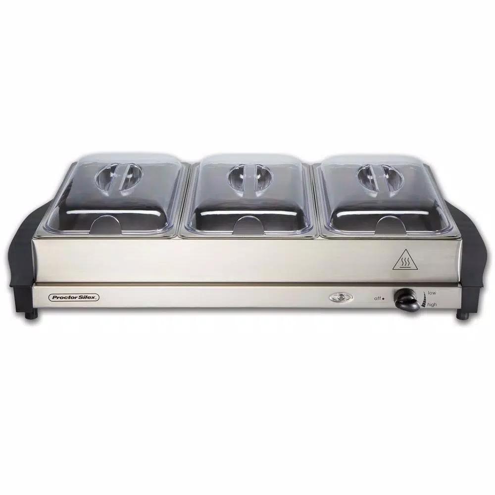 Proctor Silex 6.6 Qt. Stainless Steel Buffet Server and Warming Tray with 3 Removable Pans
