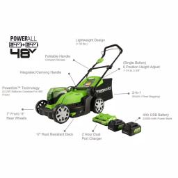 Greenworks 17 in. 48V Cordless Walk Behind Push Lawn Mower with (2) 4 Ah Batteries and Dual Port Charger thumbnail 9