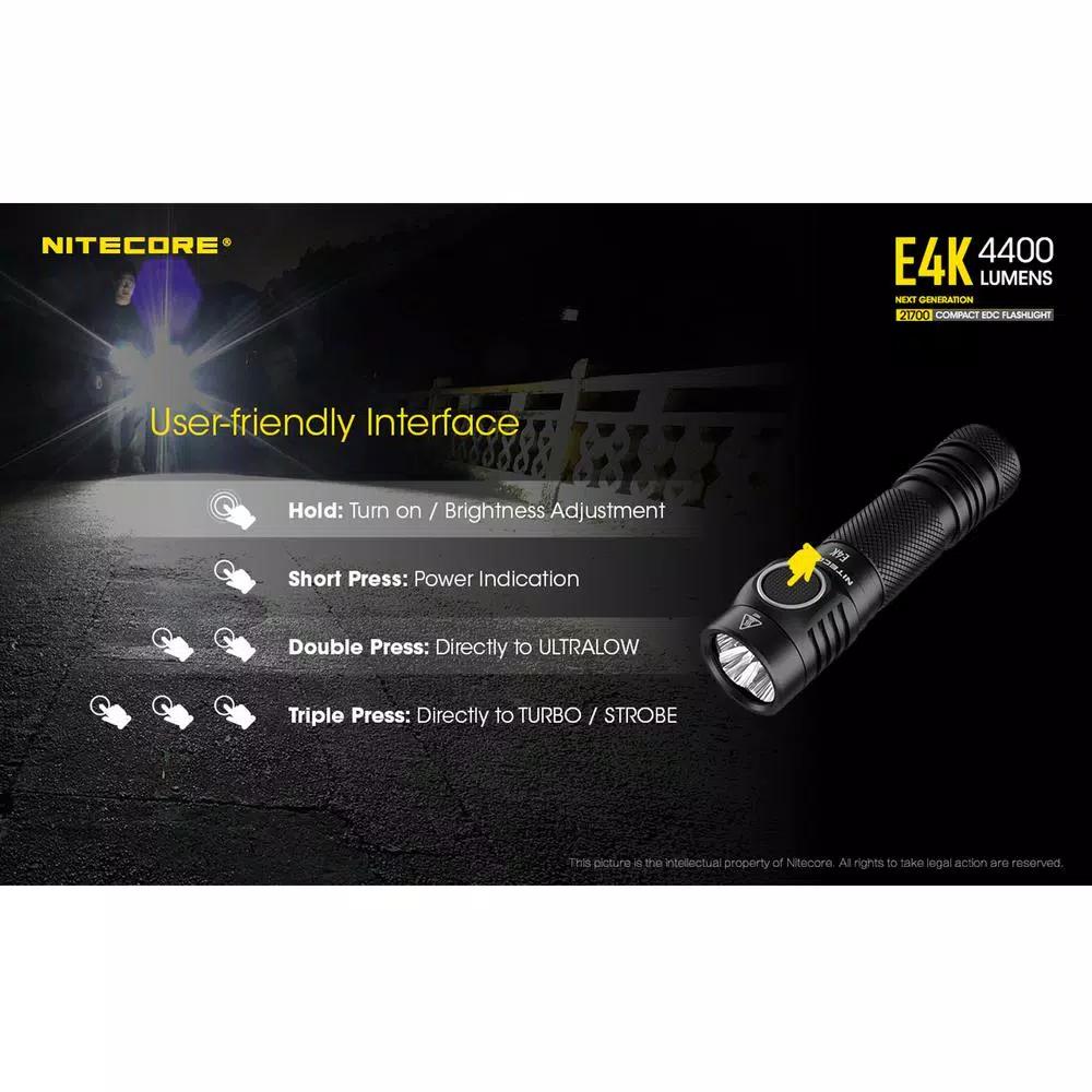 NITECORE E4K Tactical EDC Flashlight, 4400 Lumens, USB-C Rechargeable, Waterproof & Impact Resistant