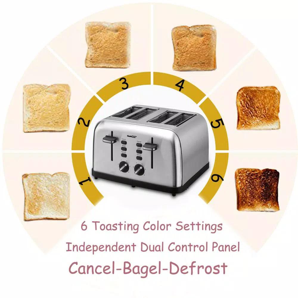 Boyel Living 1500W 4-Slice Wide Slot Toaster with Dual Independent Control Panels, Silver
