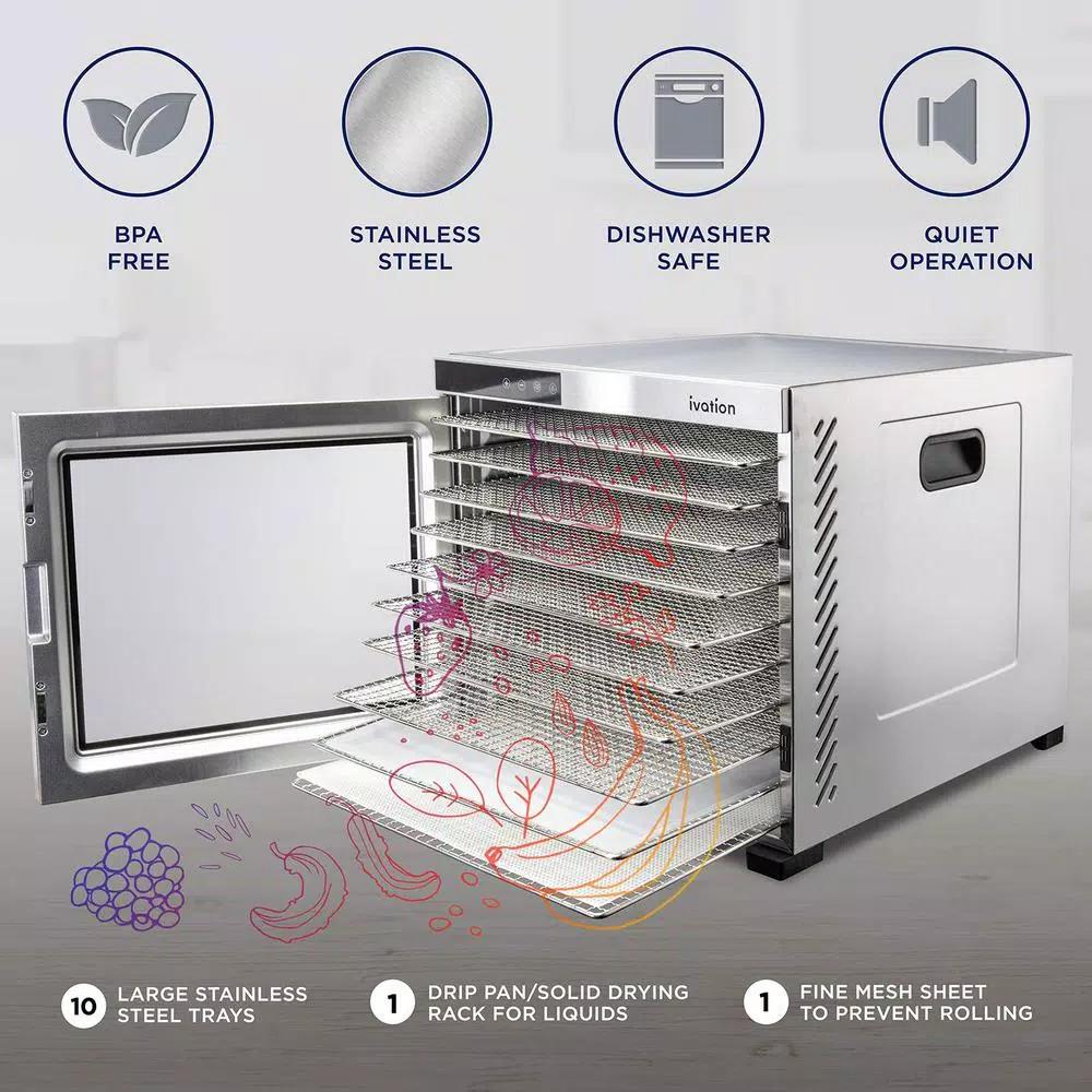 Ivation 10-Tray Stainless Steel Electric Food Dehydrator, 1000W with Digital Timer and Temperature Control