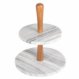 Creative Home 2-Tier Natural Marble and Acacia Wood Cake Dessert Stand, Round Pastry & Fruit Server thumbnail 2