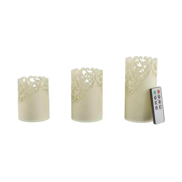 Lavish Home Lace Design Flameless Candle Set with Remote Control, Vanilla Scented Real Wax, Set of 3