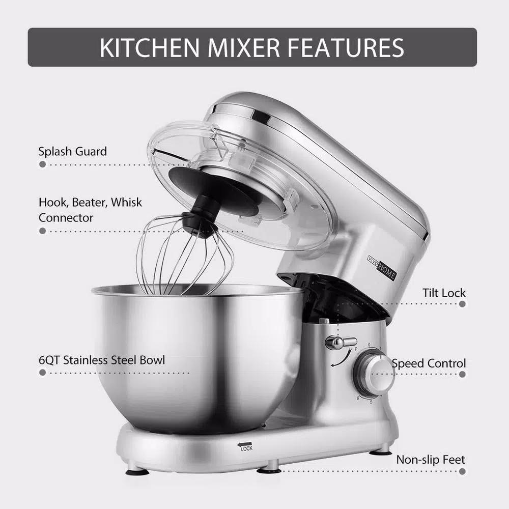 VIVOHOME 650W 6-Qt. Silver Tilt-Head Kitchen Stand Mixer with 6 Speeds
