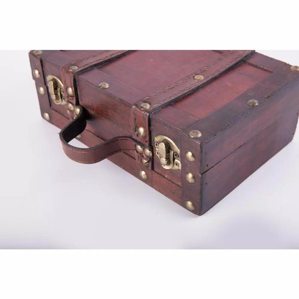 Vintiquewise Antique Style Small Wooden Suitcase Decorative Box with Leather Straps and Cherry Finish