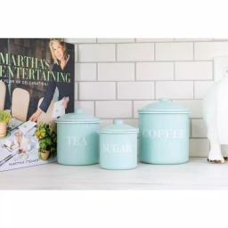 3R Studios 3-Piece Green Metal Kitchen Canister Set with Lids - Coffee, Tea, and Sugar Typography thumbnail 4