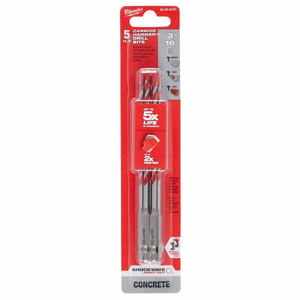 Milwaukee SHOCKWAVE 3/16 in. Carbide Hammer Drill Bits, 5-Pack