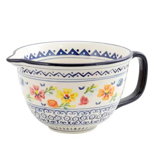 GIBSON elite Luxembourg Hand Painted Stoneware Mixing Bowl with Spout and Handle, 2 Qt.