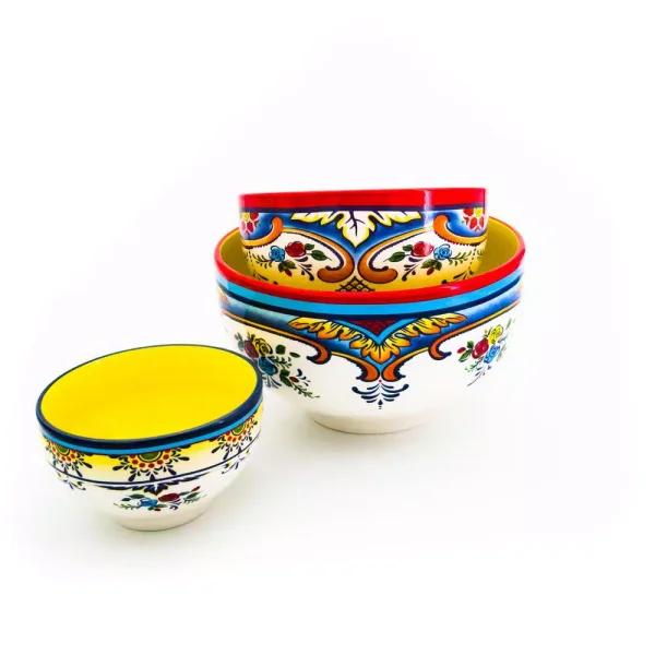 Euro Ceramica Zanzibar 3-Piece Earthenware Mixing Bowl Set, Multicolor Artisan Design