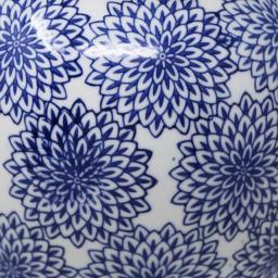 Benjara Blue and White Ceramic Temple Jar with Dahlia Flower Design and Gold Accents thumbnail 4