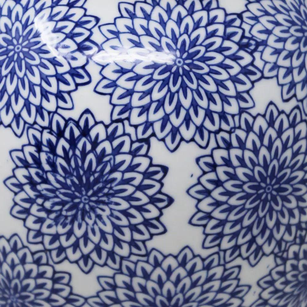 Benjara Blue and White Ceramic Temple Jar with Dahlia Flower Design and Gold Accents