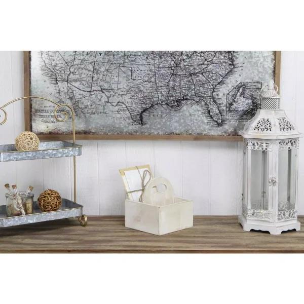 Cheungs White Wooden Square Caddy - Rustic Farmhouse Decorative Tray with Handle