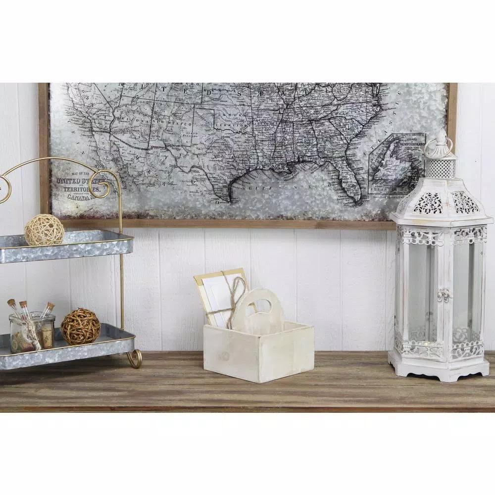 Cheungs White Wooden Square Caddy - Rustic Farmhouse Decorative Tray with Handle