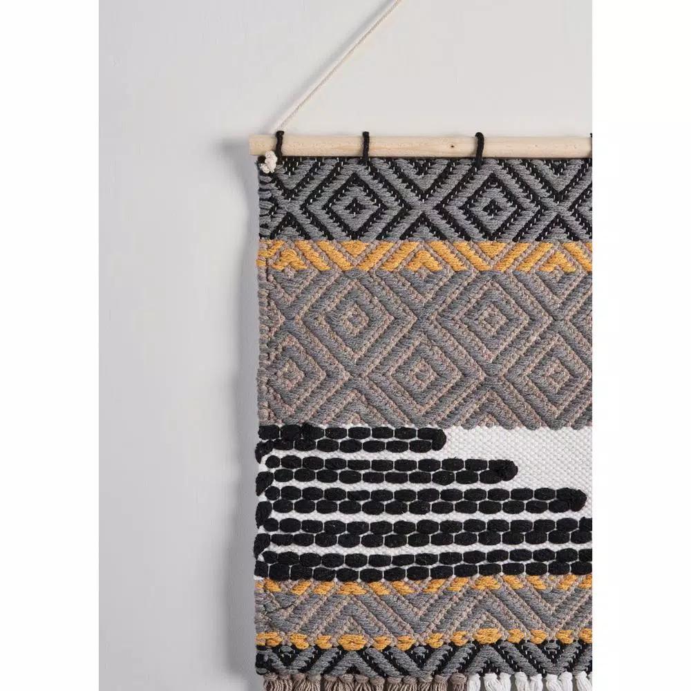 LR Home Trellis Neutral Black and Gray Geometric Fringe Wall Tapestry - Hand-Loomed Cotton Wall Hanging