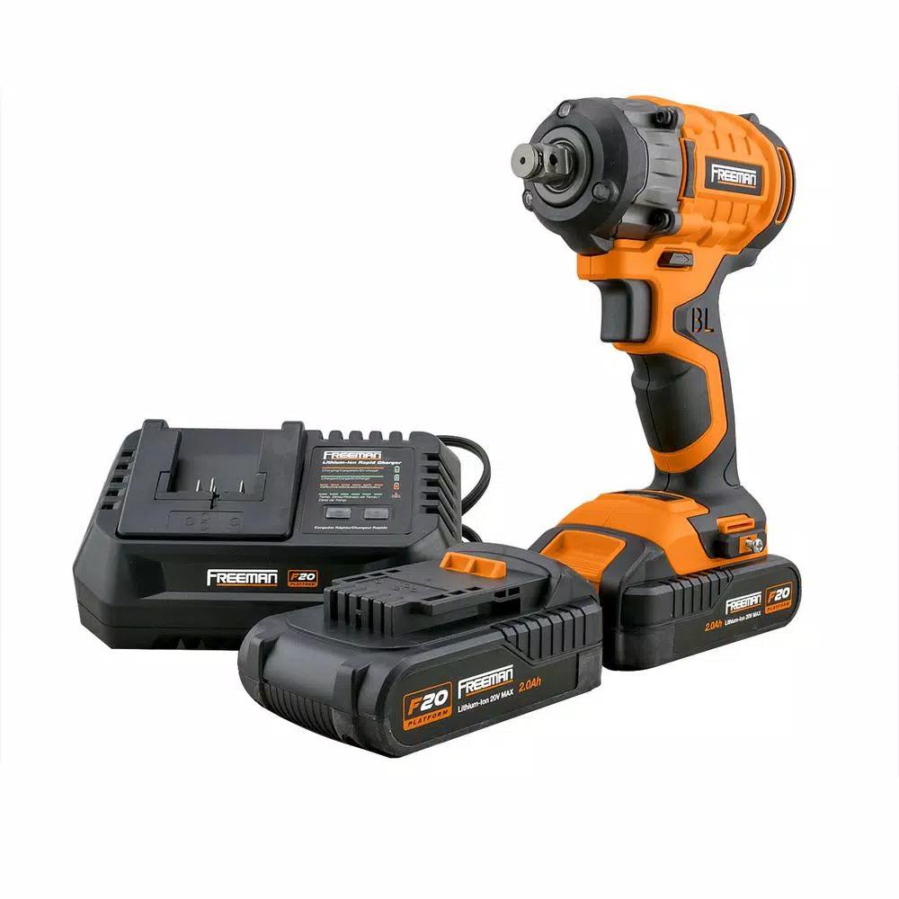 Freeman 20V Brushless 1/2 in. Cordless Impact Wrench Kit with Case and 2 Batteries