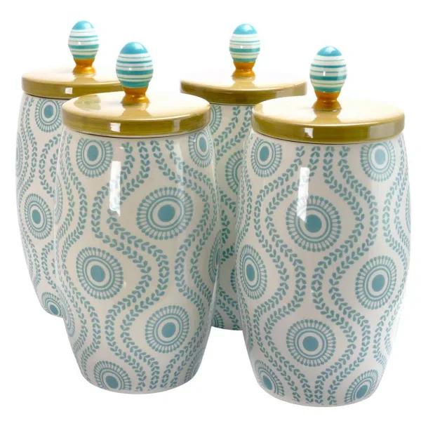 Urban Market Life On the Farm 4-Piece Durastone Kitchen Canister Set with Lids, Blue Abstract Design