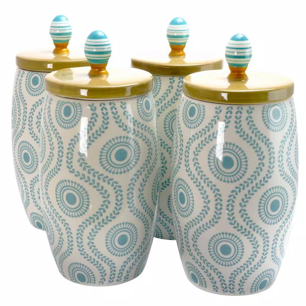 Urban Market Life On the Farm 4-Piece Durastone Kitchen Canister Set with Lids, Blue Abstract Design
