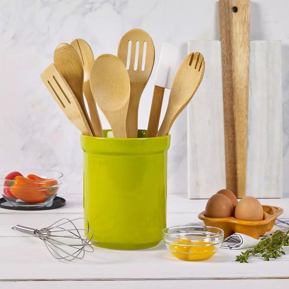 Basic Essentials 8-Piece Light Green Ceramic Kitchen Utensil Set with Bamboo Tools