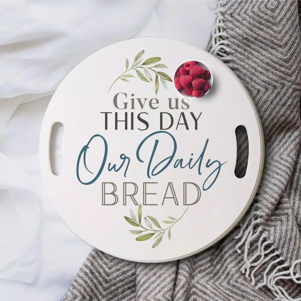 P Graham Dunn White Give Us This Day Decorative Round Wood Tray